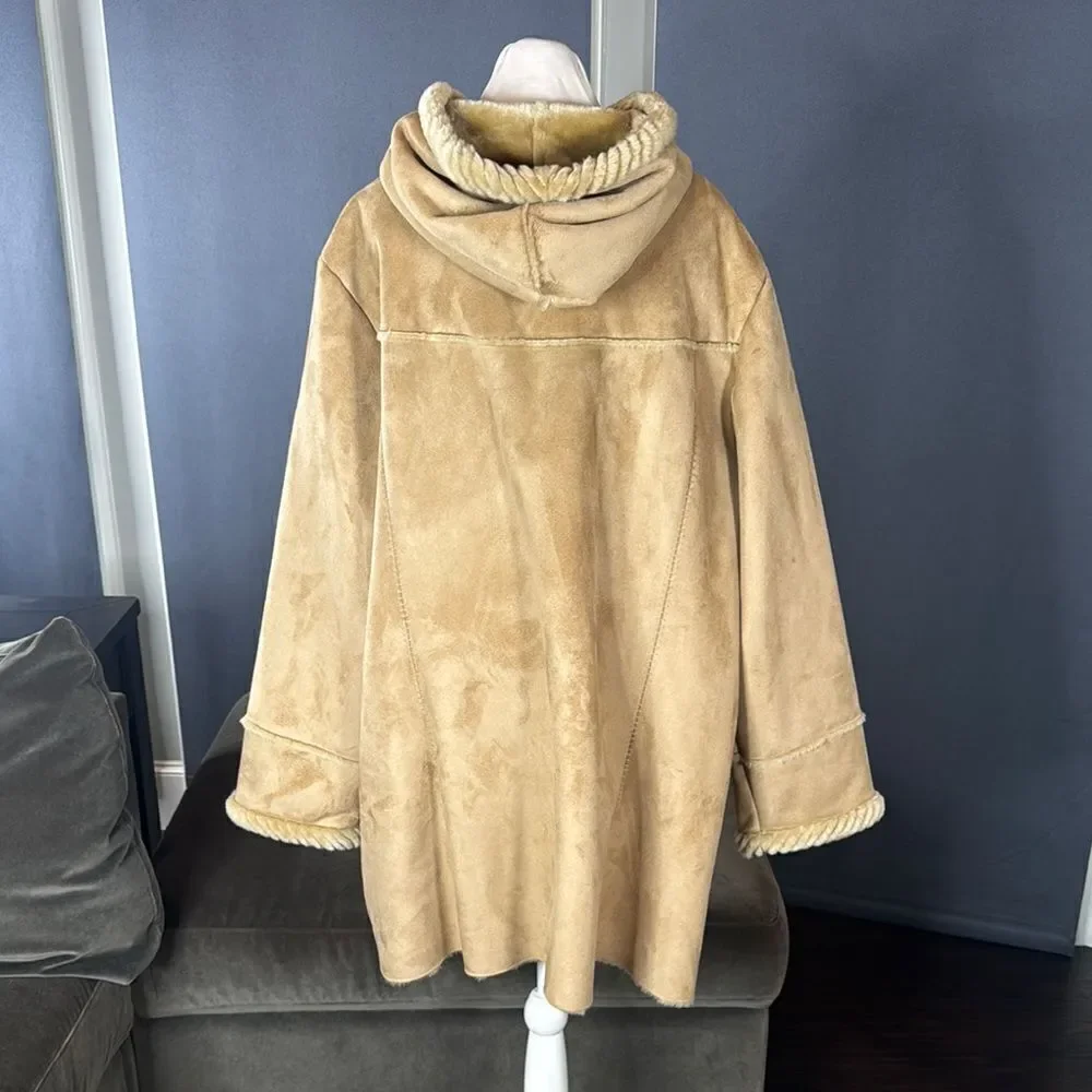 Women’s Vintage St John’s Bay Tan Faux Suede Hooded Coat Faux Fur Lined Size L